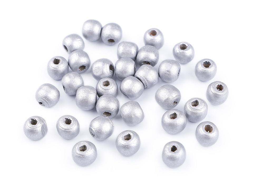 Dřevěné korálky metalické - stříbrná - Ø10 mm - balení 20 g