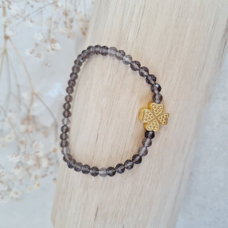 Záhněda náramek broušený 4 mm a čtyřlístek kvalita AA 24k zlato (ochrana, psychika, uzemnění)