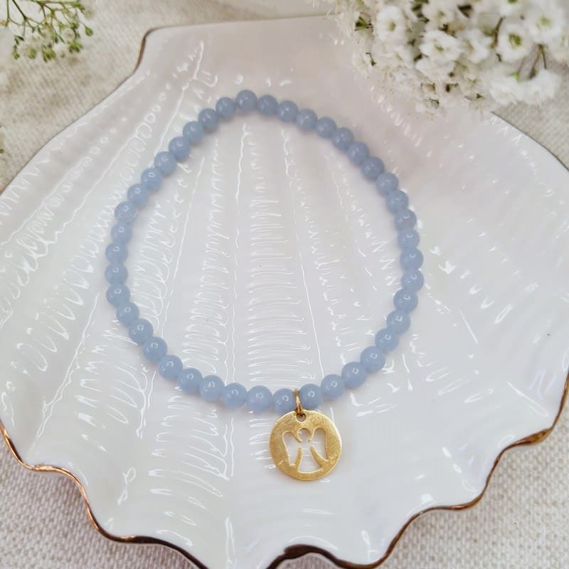 Angelit náramek 4 mm A kvalita s přívěskem z chirurgické oceli (spojení s anděly, komunikace, klid, pozitivita)