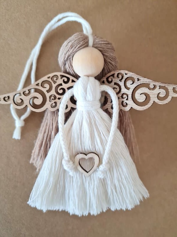 Sada 5 ks Anděl macramé NATURELLA s dřevěnými křídly