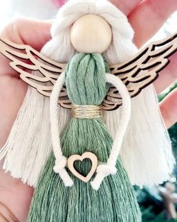 Sada 5ks Anděl macramé  HARMONIE s dřevěnými křídly