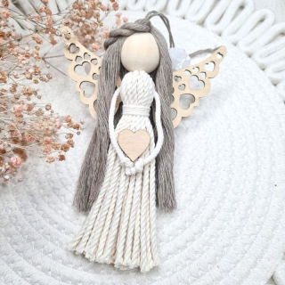 Anděl macramé LOVE NATURELLA s dřevěnými křídly